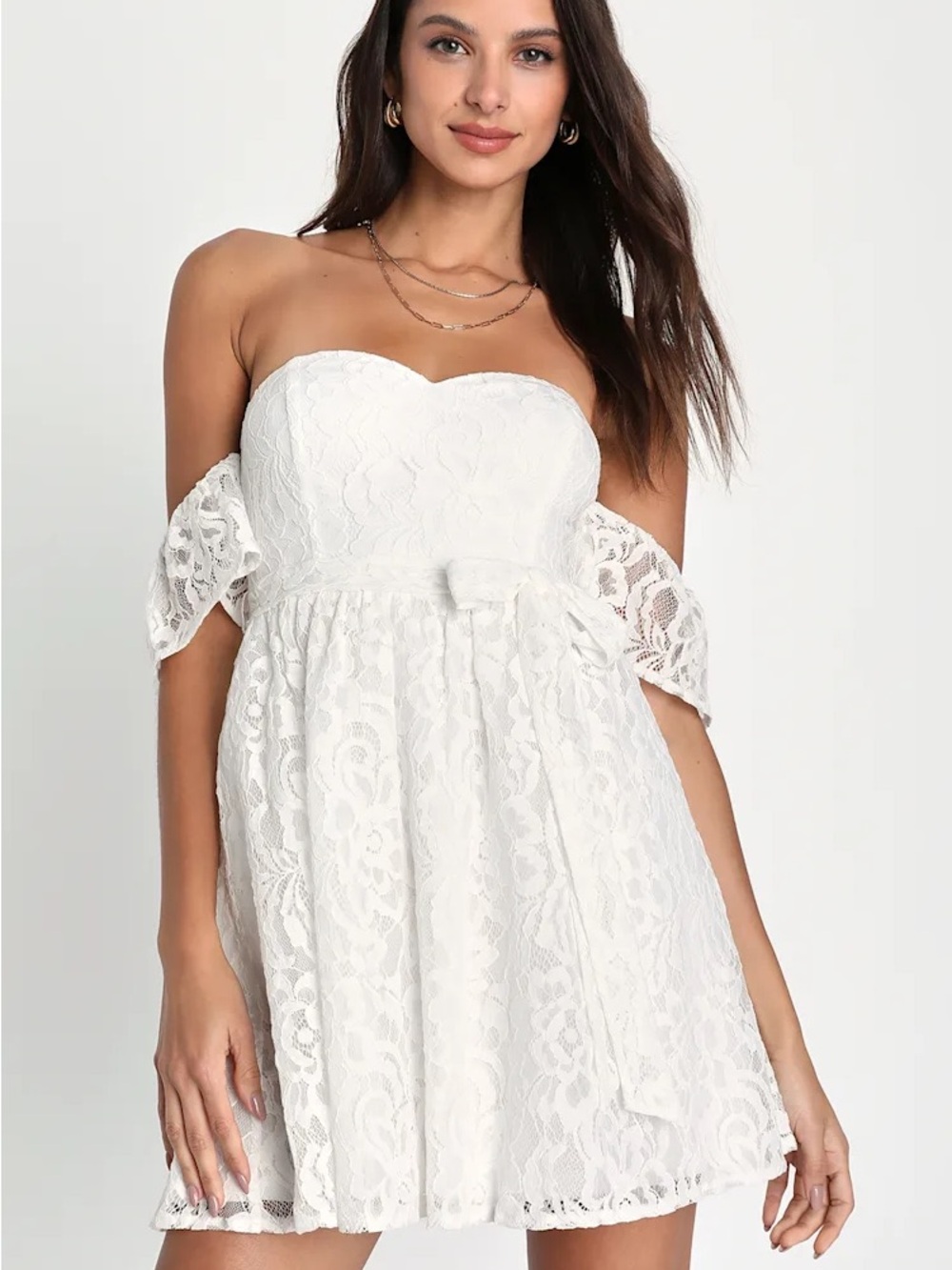Lulus Inspired Cutie White Lace Off-the-Shoulder Mini Dress